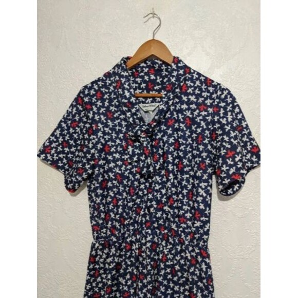 Secretary Blue White Patterned Tie Neck Dress S M Vintage 80s B39 Shirtdress - Picture 2 of 5